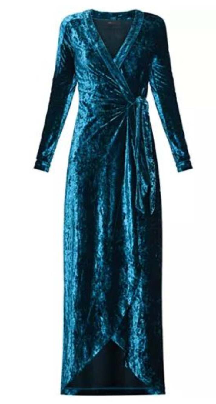 BCBGMAXAZRIA Wrap Dress in Stretchy Crushed Velour Teal Blue Size Medium
